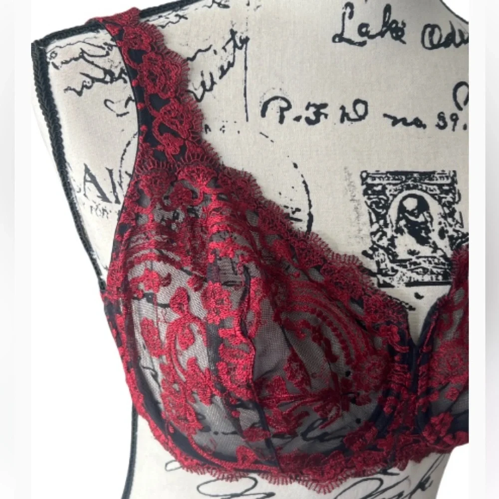 Lunaire 36 DD Lace Embroidered Bra Luxurious Red Burgundy and Black‎ Underwire
